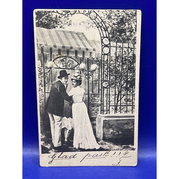 Vintage Antique Foreign Postcard Paper Ephemera French Courting Couple Garden