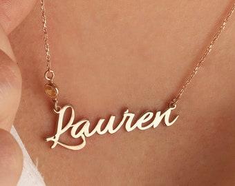 Handgeschreven naamketting - minimale woordsieraden - aangepaste naamketting met geboortesteen - gepersonaliseerde naamketting