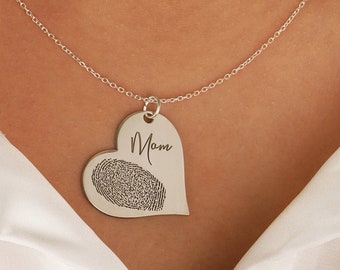 Actual Fingerprint Necklace • Engraved Fingerprint Handwriting Jewelry • Custom Heart Charm • MEMORIAL NECKLACE • Personalized Gift