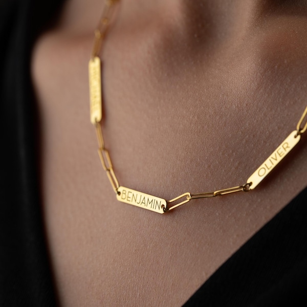 Collar de barra con cadena de clip, collar con nombre personalizado, collar de clip, collar de barra grabada, collar familiar navideño