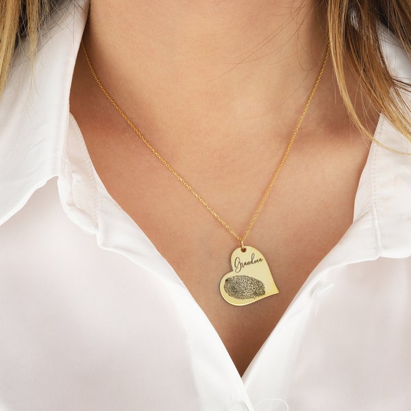 Actual Fingerprint Necklace • Engraved Fingerprint Handwriting Jewelry • Custom Heart Charm • MEMORIAL NECKLACE • Personalized Gift