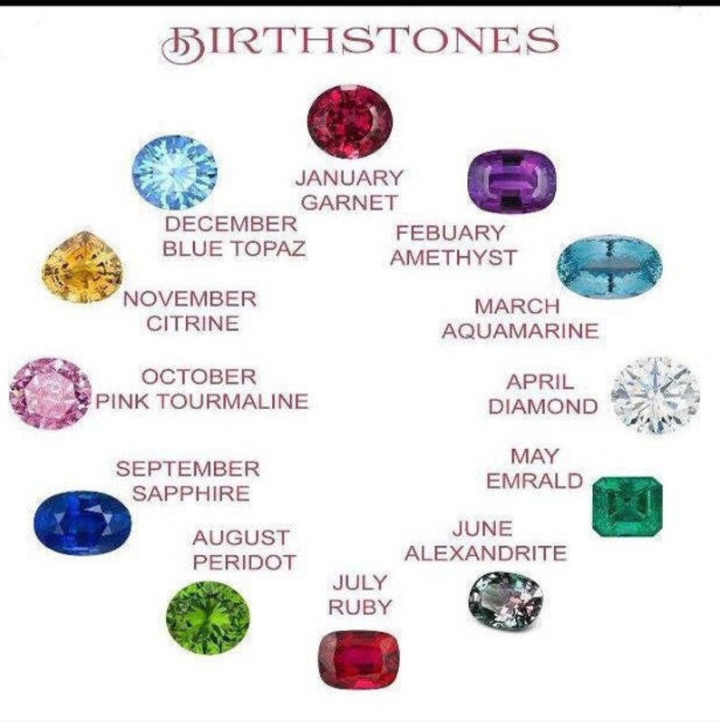 May include: A chart showing the birthstones for each month of the year. The chart is a circle with the months of the year listed around the outside. Each month has a gemstone associated with it, and the gemstone is shown in a small image next to the month's name.