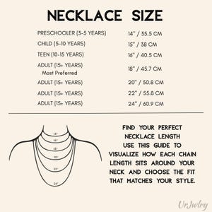 The image provides a guide for choosing the appropriate necklace length based on the wearer's age and style preferences. It includes a visual representation of the necklace length in inches and centimeters, as well as a guide for finding the perfect necklace length that matches the wearer's neck and style.