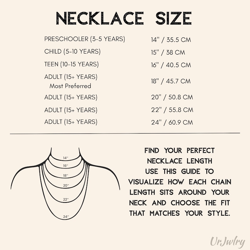 The image provides a guide for choosing the appropriate necklace length based on the wearer's age and style preferences. It includes a visual representation of the necklace length in inches and centimeters, as well as a guide for finding the perfect necklace length that matches the wearer's neck and style.