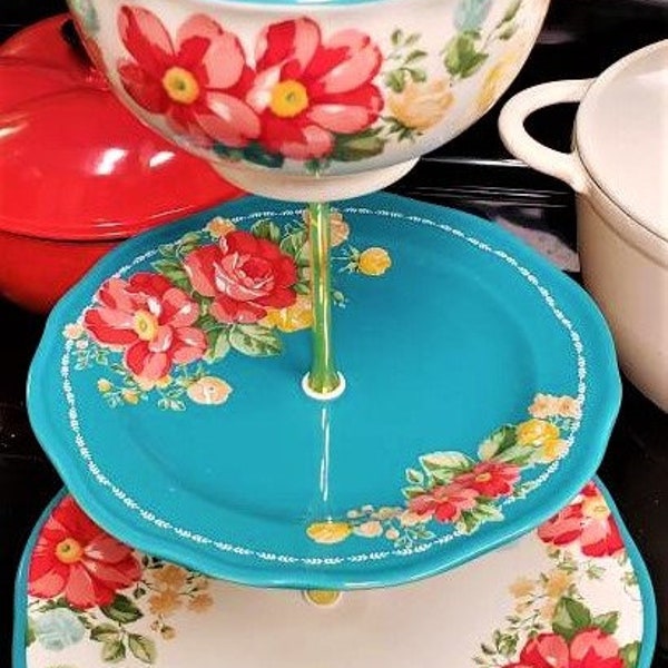 Pioneer Woman Vintage Floral (Red or Teal) Tier Stand ULTRA HEAVY HARDWARE Most Popular Gift for Easter Spring Summer mother sister catering