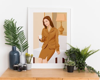 Coffee Woman Wall Art, Business Woman in Office Decor Poster, Feminist Pretty Lady Art, Girl Drinking Coffee Smiling, DIGITAL DOWNLOAD