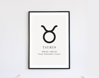 Taurus Zodiac Sign Poster, Printable Art, Personality Traits and Dates, Minimal Style, DIGITAL DOWNLOAD, PRINTABLE Art