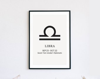 Libra Zodiac Sign Poster, Printable Art, Personality Traits and Dates, Minimal Style, DIGITAL DOWNLOAD, PRINTABLE Art