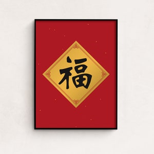 Chinese New Year 2021 Character Good Luck Fu Symbol Printable Wall Art, Holiday Home Decor, Decoration Poster