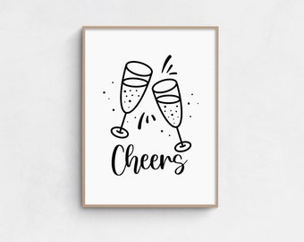 May include: Black and white illustration of two champagne glasses clinking with the word "Cheers" below.