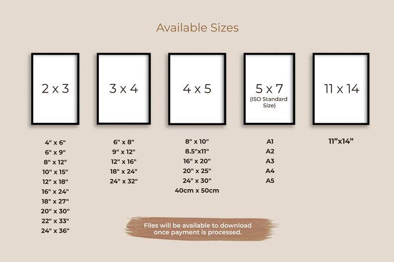 May include: A chart showing available sizes for digital prints. The chart lists sizes in inches and centimetres, including standard ISO sizes like A1, A2, A3, A4, and A5. The text at the bottom says "Files will be available to download once payment is processed."