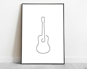 Minimalistyczny wydruk z linią gitary, minimalistyczny wydruk muzyczny, sztuka ścienna z gitarą, minimalistyczna sztuka, nowoczesny wystrój, cyfrowe pobieranie, sztuka do druku