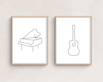 Guitar and Piano Music Print Set, Set of 2 Prints, Simple Wall Art, Minimal Line Art Decor for Music Room, DIGITAL DOWNLOAD