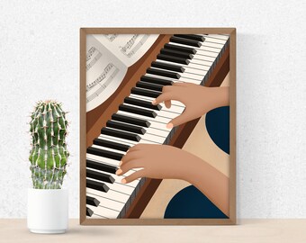 May include: A framed illustration of a person playing a piano with sheet music on the stand. The piano is brown with black and white keys. The person's hands are brown and the background is a light blue.