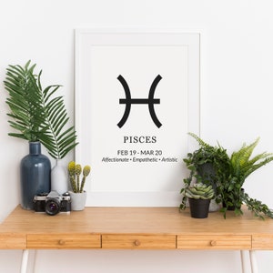 May include: A white framed print with a black Pisces zodiac symbol, the dates February 19 - March 20, and the words "Affectionate - Empathetic - Artistic". The print is on a wooden table with a potted plant and a camera.