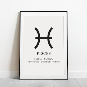 May include: Black and white printable poster featuring the Pisces zodiac symbol, dates, and traits. The symbol is a pair of fish connected by a line. The text reads "Pisces, Feb 19 - Mar 20, Affectionate - Empathetic - Artistic."
