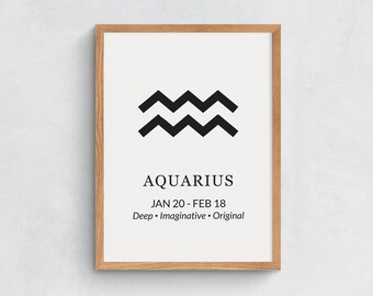 Aquarius Zodiac Poster, Printable Art, Personality Traits and Dates, Minimal Style, DIGITAL DOWNLOAD, PRINTABLE Art