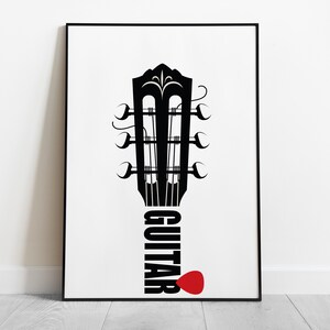 Może przedstawiać: Czarno-biała sylwetka gitary z napisem "GUITAR" napisanym pionowo wzdłuż gryfu. Czerwony plektron gitarowy znajduje się u dołu gryfu.
