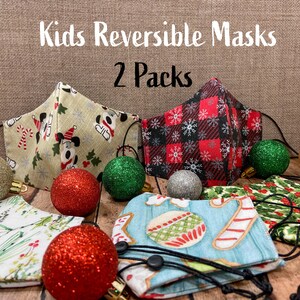 Kids Face Holiday Mask 2 Pack, Face Covering, Cute, Reusable, Reversible, Adjustable, Fabric, Cotton, Made in USA, Free Shipping, Christmas