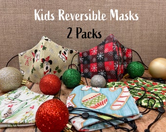 Kids Face Holiday Mask 2 Pack, Face Covering, Cute, Reusable, Reversible, Adjustable, Fabric, Cotton, Made in USA, Free Shipping, Christmas