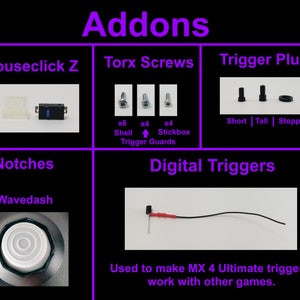 May include: A collection of gaming controller addons, including a mouseclick Z switch, Torx screws, trigger plugs, notches, and digital triggers. The text "Short | Tall | Stopper" is visible below the trigger plugs. The text "Used to make MX 4 Ultimate triggers work with other games." is visible below the digital triggers.