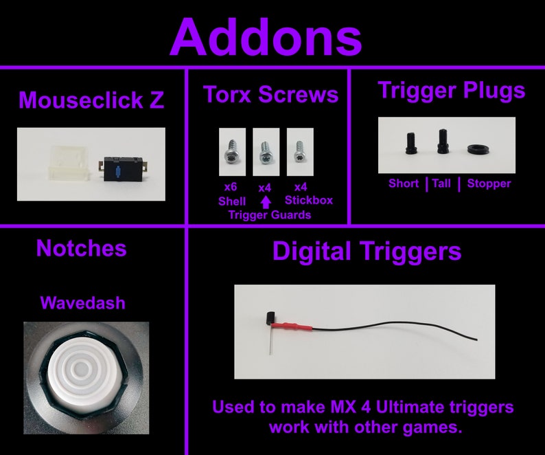May include: A collection of gaming controller addons, including a mouseclick Z switch, Torx screws, trigger plugs, notches, and digital triggers. The text "Short | Tall | Stopper" is visible below the trigger plugs. The text "Used to make MX 4 Ultimate triggers work with other games." is visible below the digital triggers.