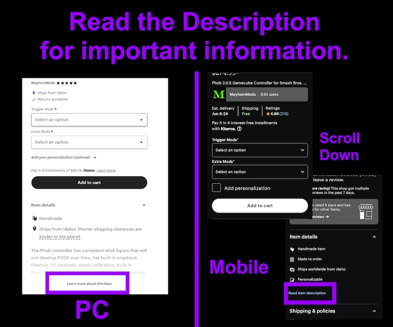 May include: A screenshot of a product page for a Gamecube controller mod. The page shows the product details, including the name, price, shipping information, and reviews. The page also includes a button to add the product to the cart.