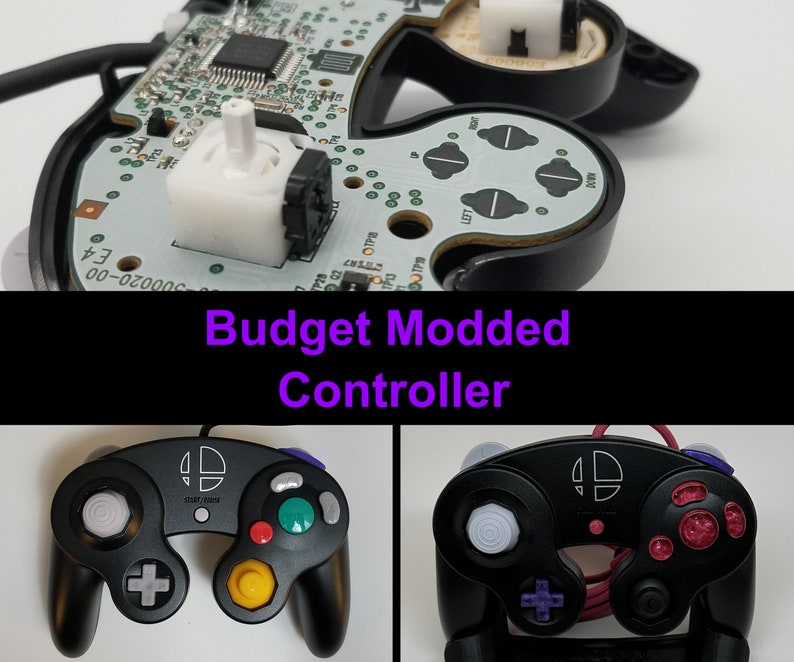 May include: A black GameCube controller with a custom design. The controller has a white Nintendo logo, a red button, a yellow button, and a green button. The controller is on a white background.