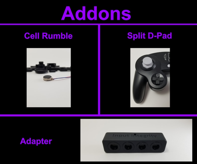 May include: A set of GameCube controller add-ons, including a cell rumble motor, a split D-pad, and an adapter with the text "Input Integrity".
