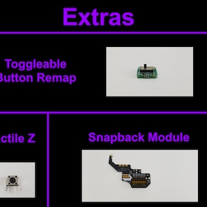May include: A collection of extra components for a gaming controller, including a green circuit board with a button, a small tactile switch, and a black circuit board with gold connectors labeled "Snapback Module".