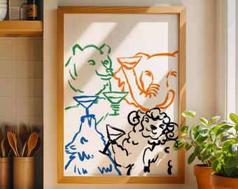 Cheers to the Animals - Whimsical Bar Print Featuring Bear, Elephant, Wolf, Sheep