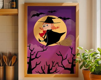 Flying Witch Halloween Art Print – Whimsical Night Wall Decor