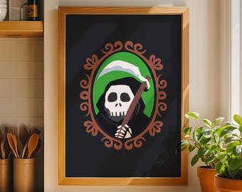 Grim Reaper Halloween Print, Gothic Skull Portrait, Spooky Scythe Wall Art