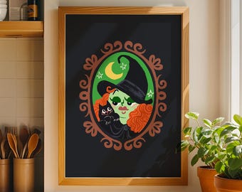 Witch Cat Halloween Art Print, Gothic Portrait Poster, Spooky Familiar Decor