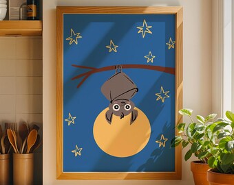 Moonlight Bat Art Print – Whimsical Nighttime Halloween Decor