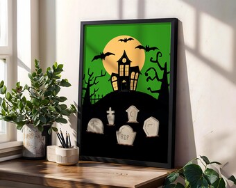Haunted House Halloween Wall Art Print, Spooky Graveyard, Full Moon Bats (Physical Print)