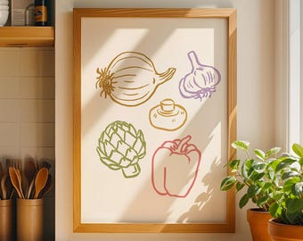 Colorful Vegetable Wall Art Print, Farmhouse Kitchen Decor, Modern Produce Illustration Poster, Physical Print