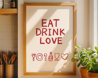 Eat Drink Love Kitchen Print, Modern Farmhouse Typography Wall Art