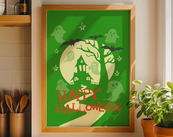 Happy Halloween Haunted House Print, Green Ghost Bat Art, Kids Spooky Decor