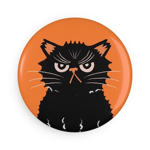 Grumpy Black Cat Halloween Magnet - Cute Angry Cat on Yellow Background