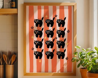 Retro Black Cat Art Print – Spooky Halloween Wall Decor