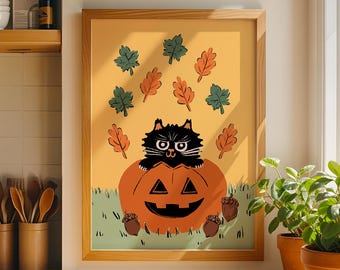 Pumpkin Cat in Fall Leaves – Vintage Style Thanksgiving Wall Art