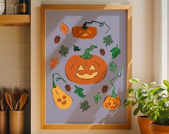 Smiling Pumpkin Patch Art Print – Autumn Wall Decor