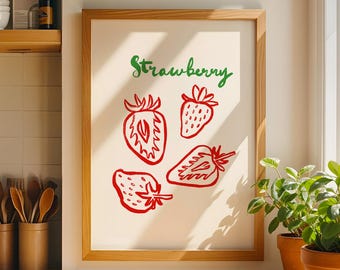 Strawberry Kitchen Art Print, Red Line Illustration (Digital Download)