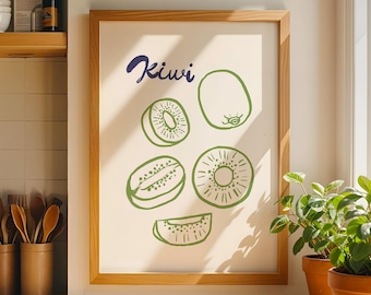Kiwi Kitchen Print, Green Fruit Illustration, Minimalist Wall Art (Digital Download)