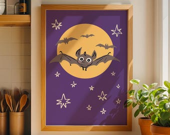 Flying Bat Moon Halloween Print – Kids Wall Art