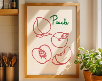 Peach Kitchen Printable Art, Fruit Wall Decor, Summer Kitchen Poster, Digital Download
