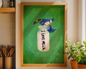 Whimsical Wizard "I Love Milk" Art Print – Kitchen Halloween Decor