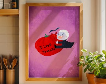 Funny Vampire Tomato Art Print – Quirky Halloween Kitchen Decor