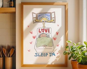 Lazy Day Cartoon Print: Cozy Bedroom Decor, Whimsical Art